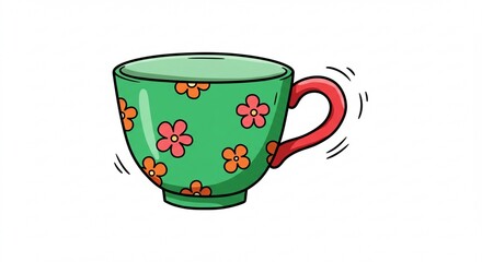 Charming Green Floral Teacup Mug Illustration Cartoon Style Hand Drawn Design Cute Kitchenware