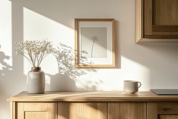 Sunny kitchen, framed art, vase, shadows