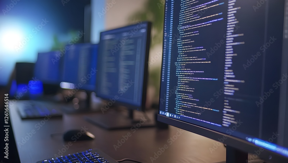 Aufkleber Coding computers in a dark office