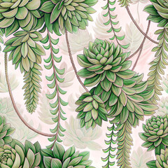 Seamless botanical pattern with lush green succulents and ferns on a pastel background for decor and wallpaper