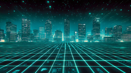 Futuristic Cityscape Digital Grid Network Over Modern Metropolis at Night