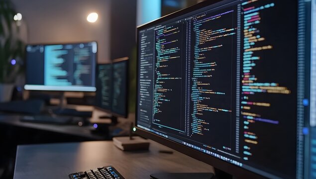 Night coding session, multiple screens, software development, office