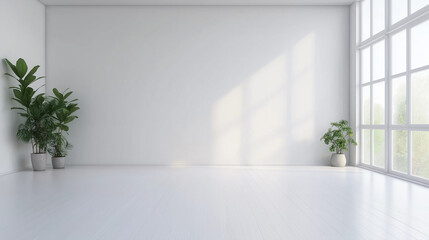 Minimalist Interior Design: A spacious, pristine white room bathed in natural light, featuring two potted plants in the corner, and a large panoramic window, creating a calming and serene atmosphere.