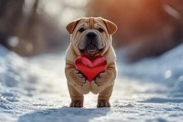 Digital ads critter concept graphic design idea. Chinese shar-pei - my cherished dog, symbol of friendship. Cute chinese shar-pei canine with sparkling rhinestones red heart on a walk in a wint.