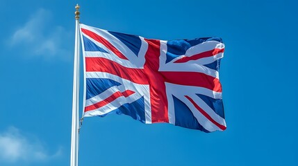 The United Kingdom flag flutters proudly against a vibrant azure sky