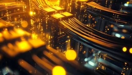 Futuristic server network, intricate cables, glowing nodes, city-like structure