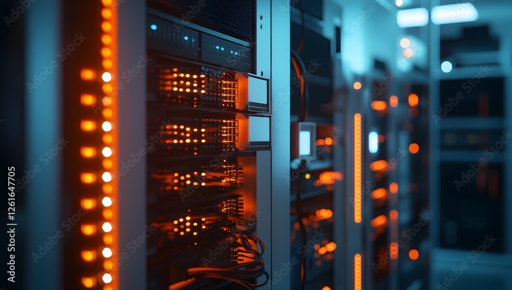 Poster server rack in data center with neon lighting