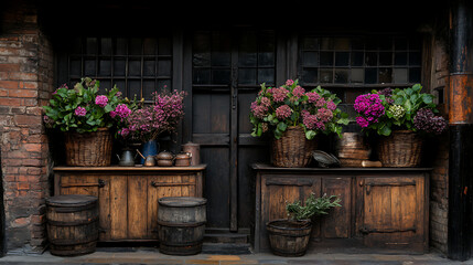 Obraz premium Floral Still Life with Wooden Furniture Rustic Charm and Textured Walls Old World Aesthetic Display