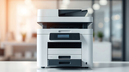 Modern multifunction printer standing on white table in blurred office background
