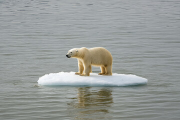 A lonely polar bear standing on a small melting ice floe in the Arctic Ocean