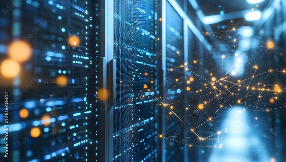 Poster Server room network connection;  digital data flow in a data center