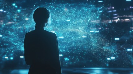 Backview Of Woman Connecting to Animated Stream Of Content. Visualization Of Browsing Metaverse Big Data with Viral Videos, Social Media Profiles with Influencers, and Internet Communities 