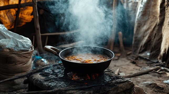 Cooking food over fire, rural home, smoke, poverty