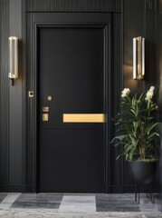 Modern entrance door with black frame, gold handle, sleek wall sconces, textured wall panels, potted plant, and gray tiles.