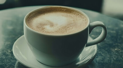 Obraz premium Frothy Hot Coffee Beverage in White Ceramic Mug with Saucer for Refreshing Break Time at the Cafe