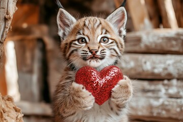 Fototapeta premium Lynx - my desired animal. Digital ads animal creative. Cute lynx baby with sparkling rhinestones red heart on in a natural habitat. Cute nature love. Love in the animal kingdom. Wild love.