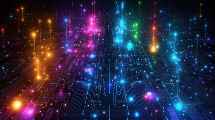 Obraz premium Abstract Futuristic Technology Background Colorful Circuit Board with Glowing Nodes and Connections