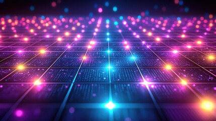 Fototapeta premium Futuristic Digital Network Grid Illuminated Nodes Abstract Technology Background Vibrant Colors