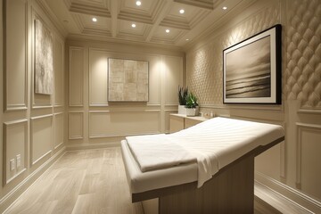 Luxurious spa room, massage table, calming decor