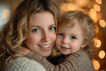 A loving mother hugging her young child tightly, both smiling with warmth