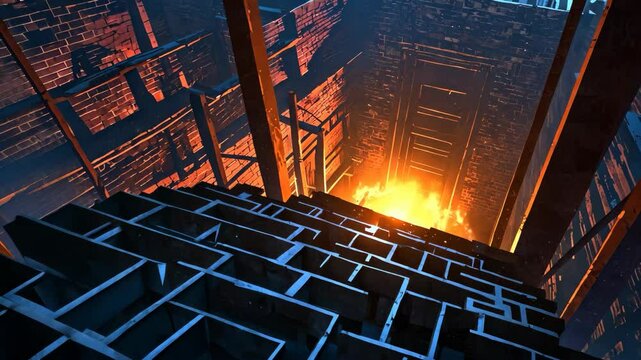 Video footage of fiery pit glows at the bottom of a dark, brick-lined shaft, viewed through a metal grate casting a geometric shadow