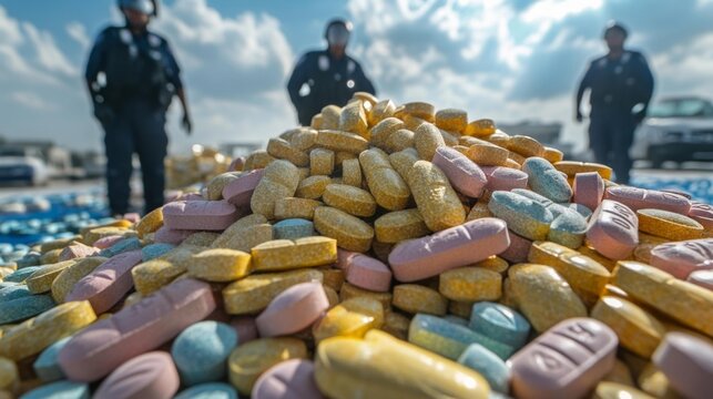 Large pile of colorful pills seized by law enforcement officers. Generative AI