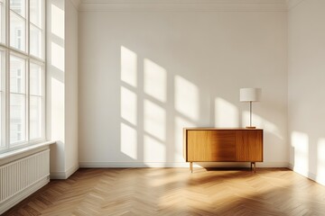 Sunny room, hardwood floor, cabinet, sunlight, minimalist interior, empty space, home staging, real estate