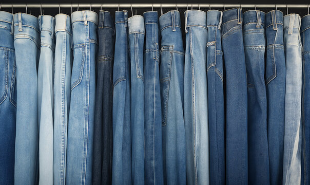 Chic Denim Fashion Display: Trendy Outfits Arranged Neatly for a Timeless, Classic Casual Street Look