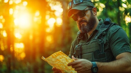 Man with Map in Forest During Sunset Exploring Nature and Wilderness. Generative AI