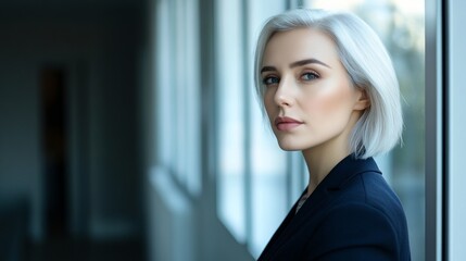 Confident businesswoman in a navy blazer, embodying professionalism and determination.