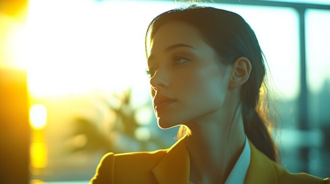 Businesswoman in office lobby, soft light, modern backdrop, conveying professionalism and focus.