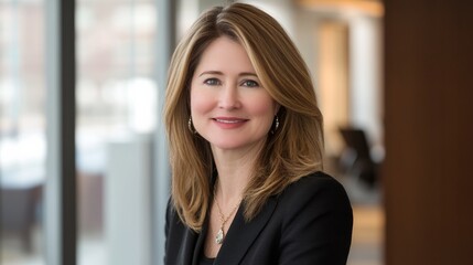 Businesswoman in office lobby, soft light, modern backdrop, conveying professionalism and focus.