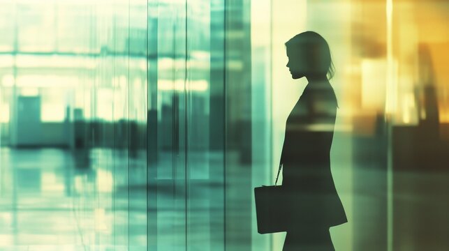 Businesswoman in office lobby, soft light, modern backdrop, conveying professionalism and focus.