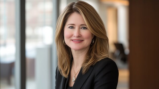 Businesswoman in office lobby, soft light, modern backdrop, conveying professionalism and focus.
