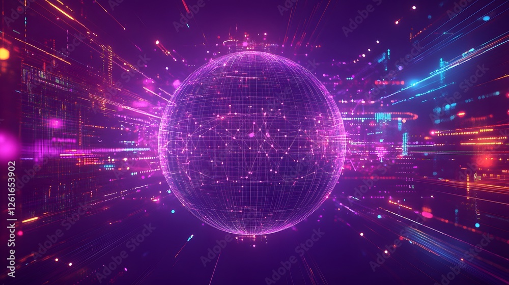 Wall mural a glowing digital sphere surrounded by data streams appears