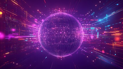 Fototapeta premium A glowing digital sphere surrounded by data streams appears