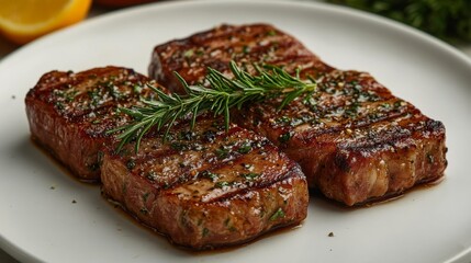Grilled steak with rosemary garnish delicious close-up of a perfectly cooked steak. Generative AI