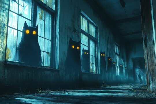 Creepy cats in dark hallway, abandoned building, Halloween