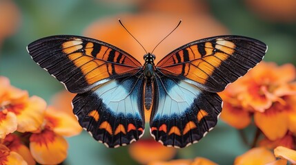 Vibrant butterfly perched on colorful flowers in a lush garden, showcasing nature's beauty (1)