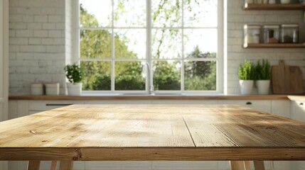 Wooden kitchen table top, bright, sunny interior, blurred background with window view.