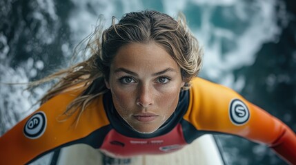 Woman surfer ocean wave portrait, powerful gaze, competition background