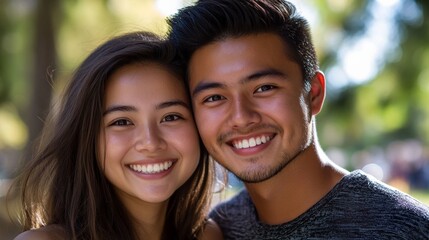 Fototapeta premium Smiling faces radiate warmth and connection in a close-up portrait.