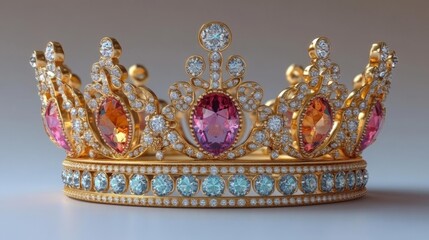 Exquisite Golden Crown with Colorful Gems and Diamonds. Generative AI