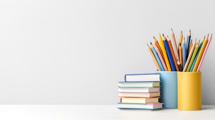 Colorful pencils and books on a white table