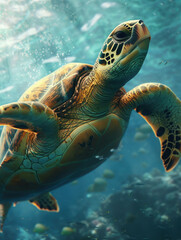 Fototapeta premium A vibrant underwater scene featuring a swimming sea turtle amidst colorful marine life.