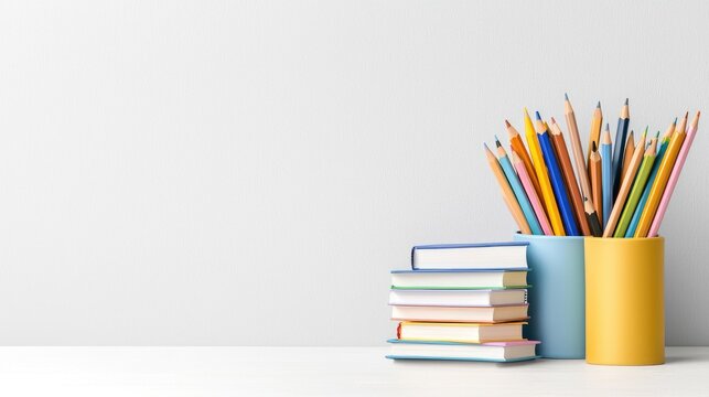 Colorful pencils and books on a white table