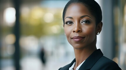 Confident black businesswoman exudes professionalism and leadership in a corporate setting.