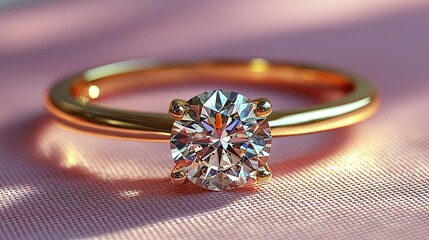 Elegant diamond engagement ring resting on soft pink fabric with warm light highlighting details