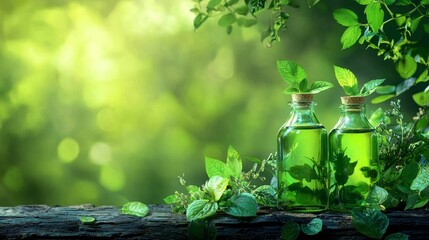 Natural herbal essence bottles lush green forest product photography tranquil environment close-up perspective wellness concept