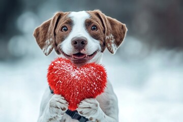Ad domestic animal concept image art. Cute pointer hound with fluffy red heart on a walk in a winter garden. Pointer - my cherished dog, symbol of friendship. Love puppy in a dreamy scene.